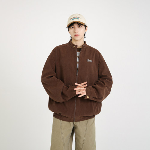 NineteenAutumn 刺绣灯芯绒哈灵顿夹克宽松学生美式立领外套男女