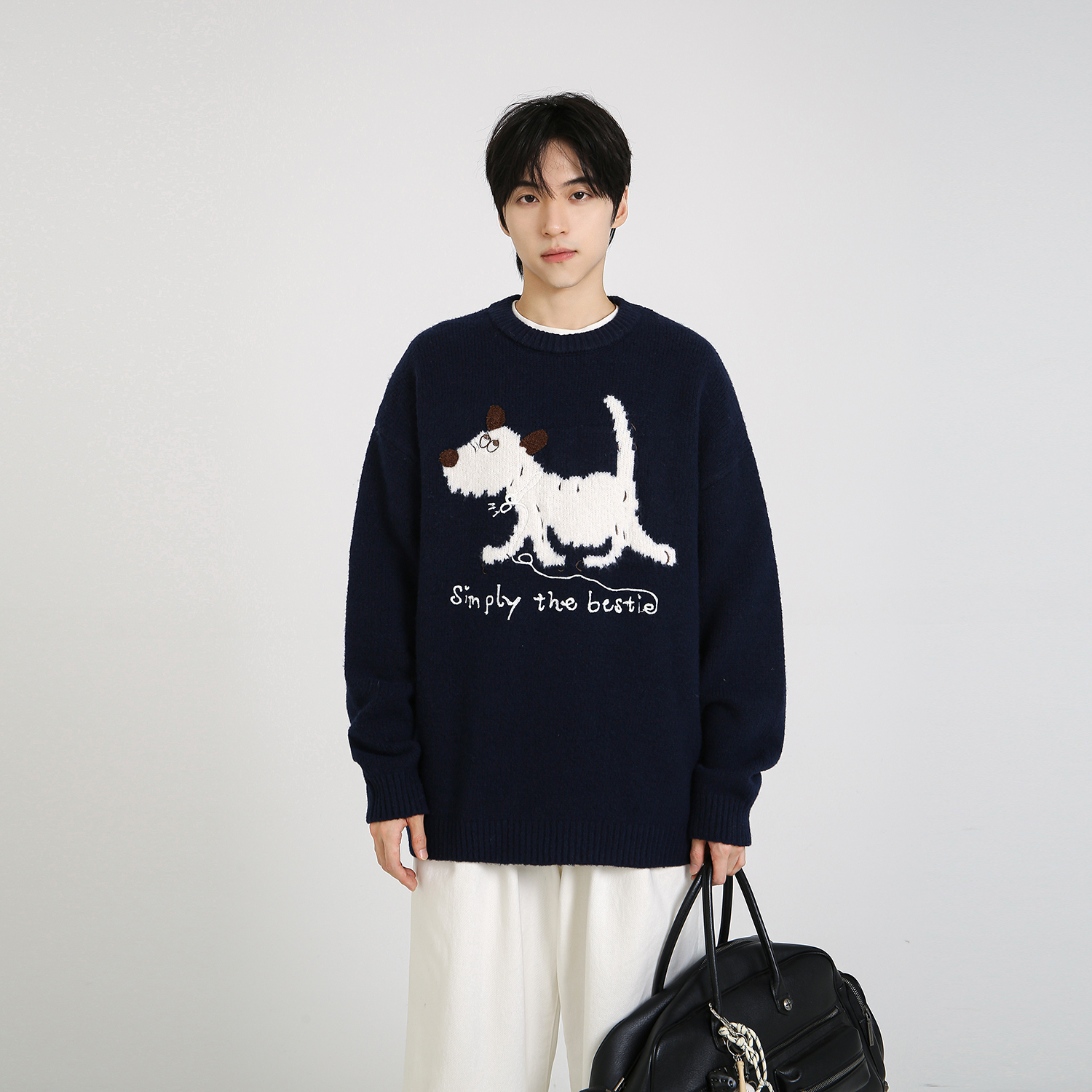 NineteenAutumn 趣味小狗刺绣圆领套头毛衣男女同款秋冬季针织衫