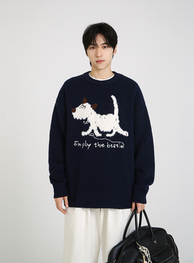 NineteenAutumn 趣味小狗刺绣圆领套头毛衣男女同款秋冬季针织衫