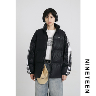 十九秋/2024冬季90白鸭绒潮牌经典三条杠学生羽绒服男女同款外套