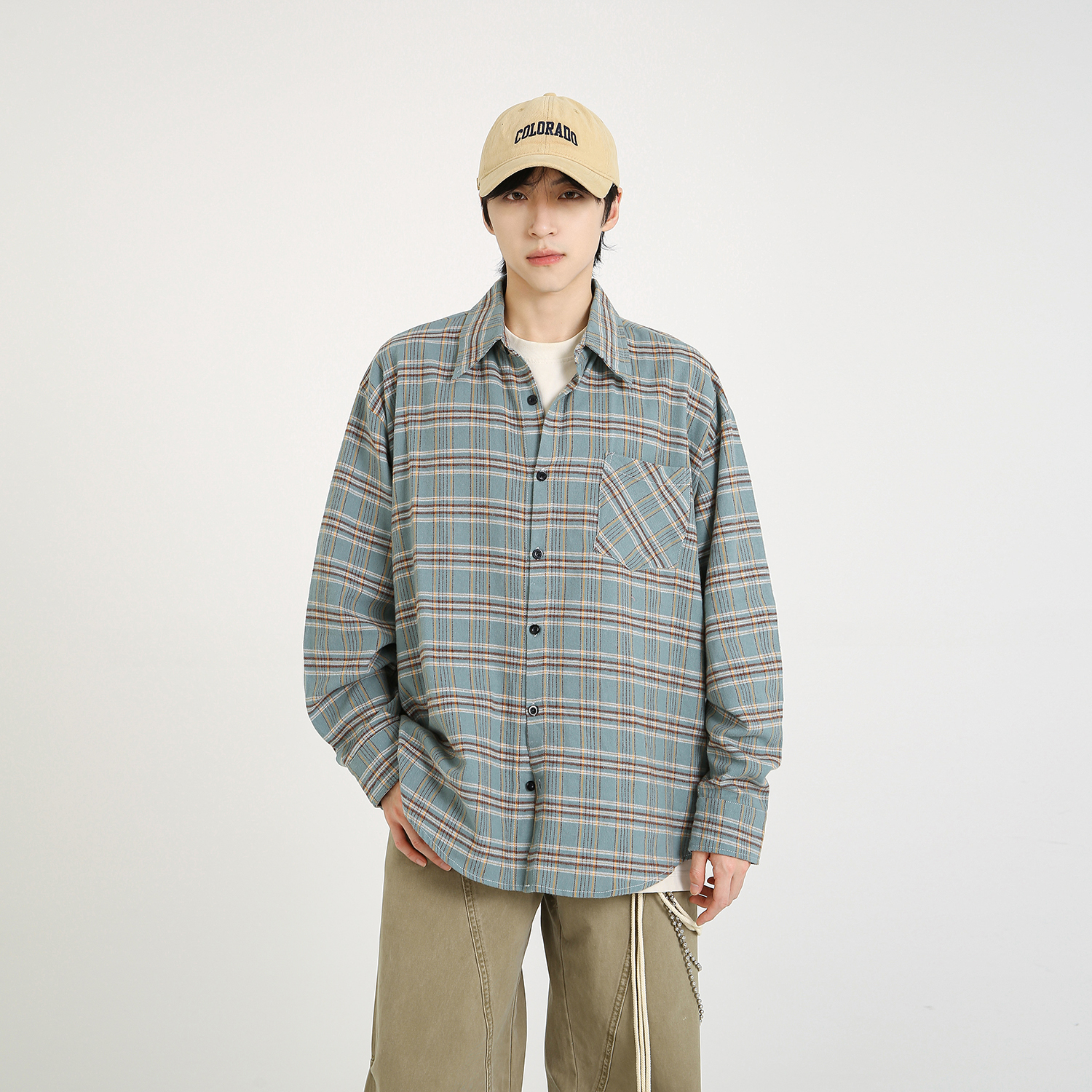 NineteenAutumn美式潮牌宽松休闲衬衣外套复古格子长袖衬衫日系男