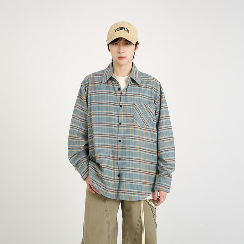 NineteenAutumn美式潮牌宽松休闲衬衣外套复古格子长袖衬衫日系男