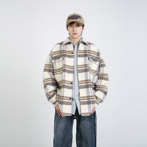 NineteenAutumn秋冬新款毛呢夹克国潮美式宽松格子情侣衬衫款外套