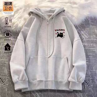 小学生奔跑小黑猫胸前小印花开衫连帽带兜春秋冬加厚卫衣宽松百搭