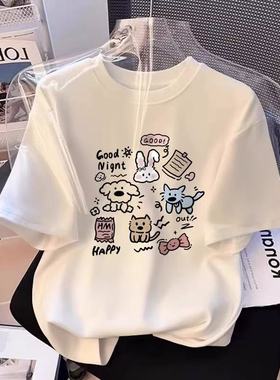 猫狗兔晚安印花中大童圆领宽松百搭薄款纯棉短袖透气T恤