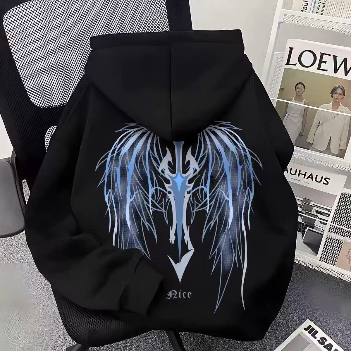 十字架蓝翅膀双印花小学女生连帽带兜套头春秋冬加厚宽松百搭卫衣