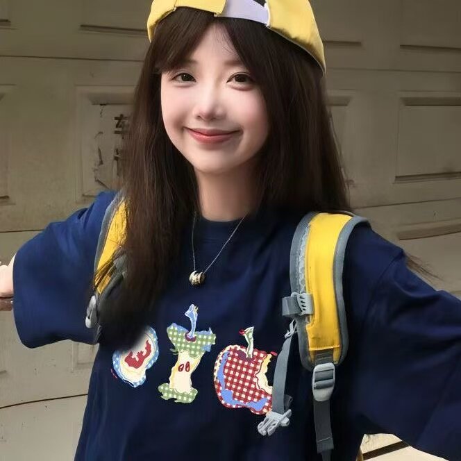 小学生中童女生小清新格子水果印花夏季宽松休闲百搭T恤上衣