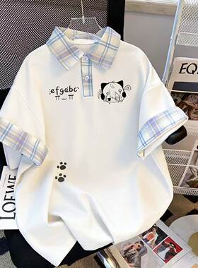 软萌猫咪印花格纹polo衫女夏宽松遮肉学院风短袖t恤学生上衣