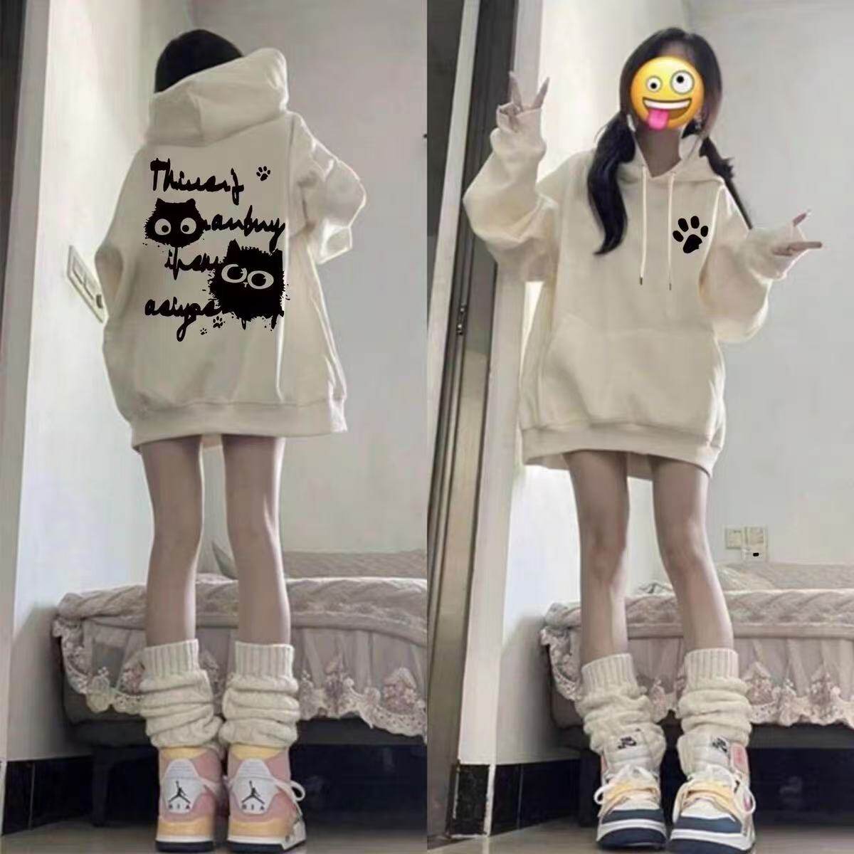 青少年慵懒秋冬初高中女生黑白墨水猫双印花连帽带兜运动百搭卫衣