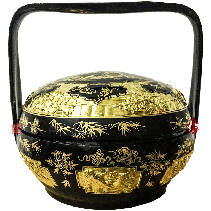传漆艺述永春漆篮手工花鸟图腾竹编大漆纯金婚嫁篮烧香篮拜拜收藏