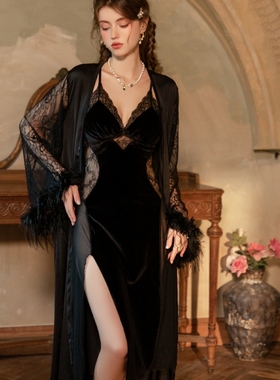 纯欲风黑色蕾丝性感睡衣女丝绒吊带睡裙长款露背长裙高级感家居服