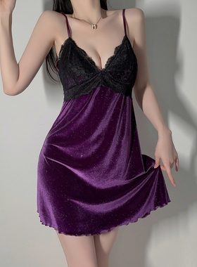 甜美纯欲紫色银丝亮闪闪性感睡衣女蕾丝吊带睡裙丝绒高级感家居服