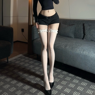超薄日系白色丝袜过膝袜配小皮鞋中筒袜子高筒蕾丝长筒袜到大腿根