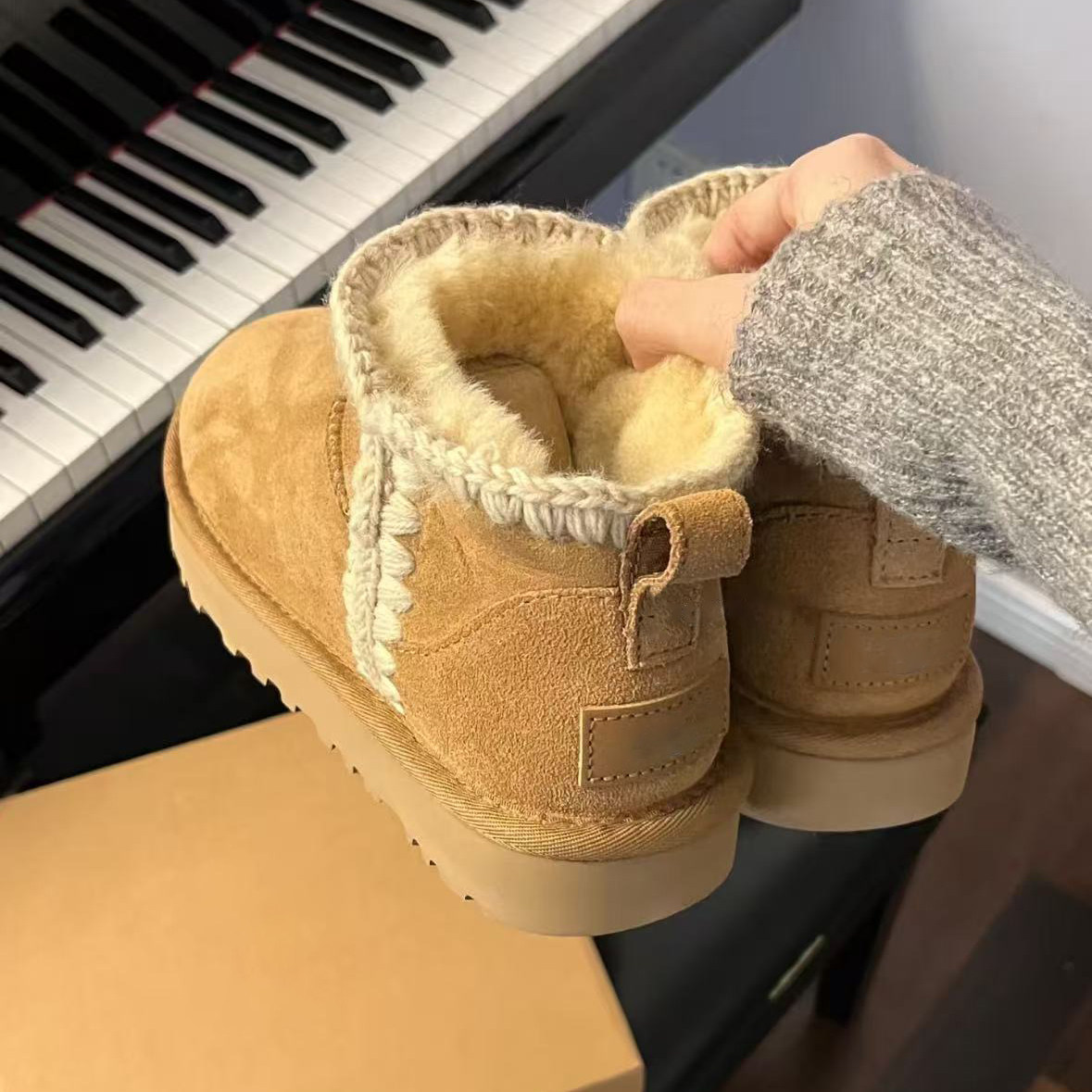 桑坡村羊皮毛一体针织厚底雪地靴女款冬季新款防寒加绒保暖棉鞋潮