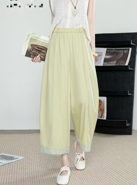 宽松大裤腿夏季新款休闲裤女2026简约百搭花边裤子8分裤裤长88起
