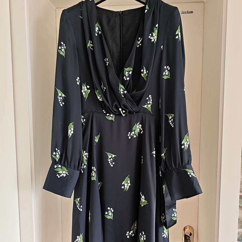 欧美风优雅外单 缎面印花V领长袖连衣裙短裙