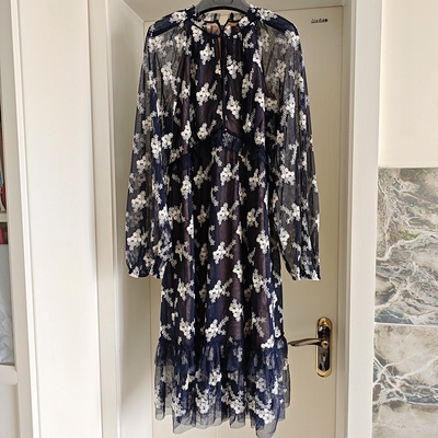 美国轻奢设计师 藏蓝色花朵网纱蕾丝全刺绣花长袖连衣裙中裙