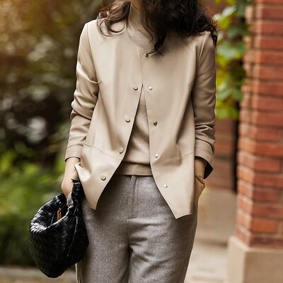 2026春新品 高档柔软绵羊皮皮衣女直筒宽松短款小圆领羊皮外套