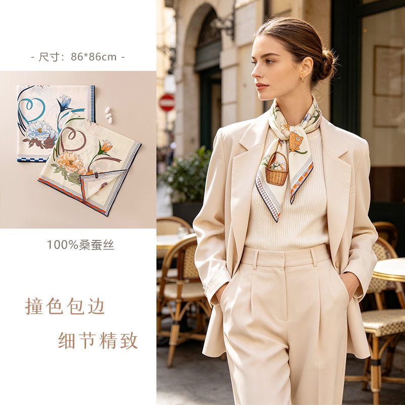 真丝丝巾女双绉双面16姆米桑蚕丝方巾紫藤印花丝巾韩系时尚百搭