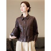 新款 棕色宽松绵羊皮高级感夹克外套 2026植鞣皮真皮皮衣女短款