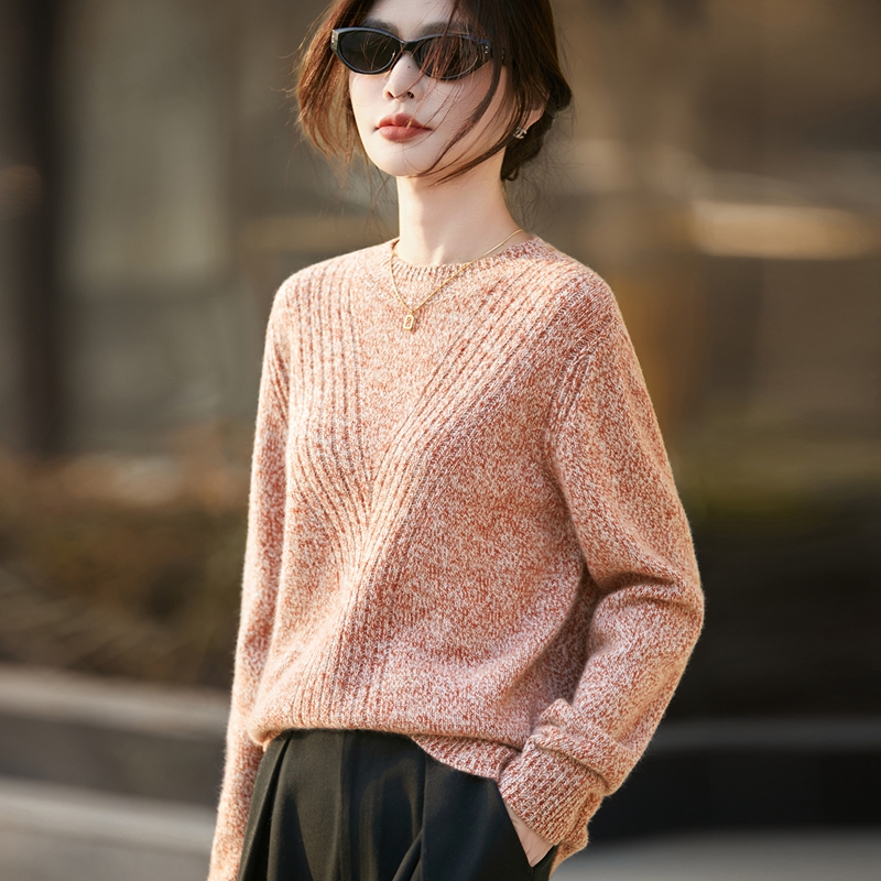 极简风花纱纯绵羊毛针织衫女圆领