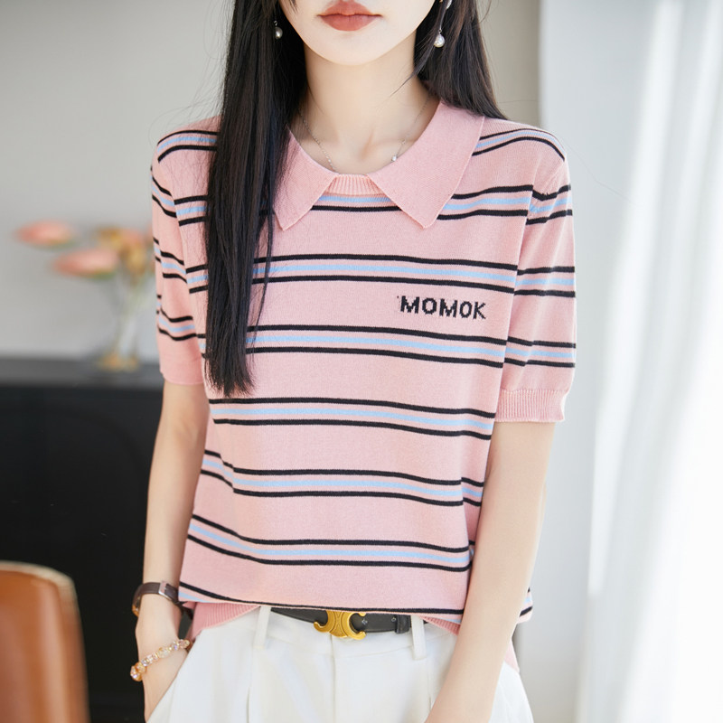 纯棉条纹刺绣短袖针织衫女新款夏季POLO翻领设计套头洋气休闲上衣