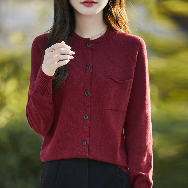 新款100%纯棉线圆领针织开衫女卷边口袋宽松设计感小众毛衣短外套