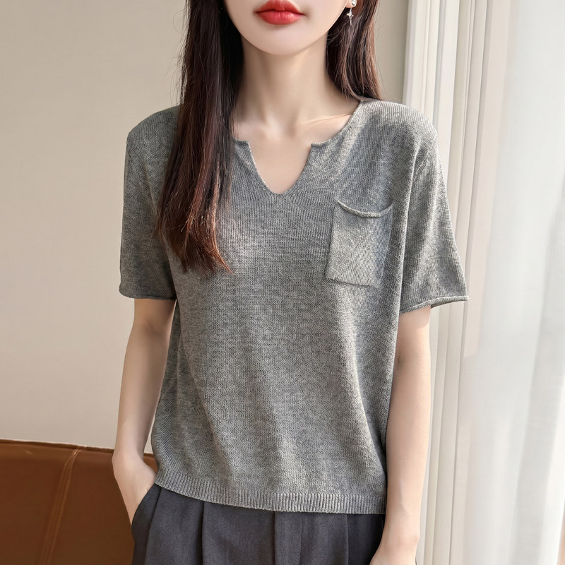 夏季一线天丝亚麻卷边V领开叉口袋短袖针织衫女薄款气质百搭上衣