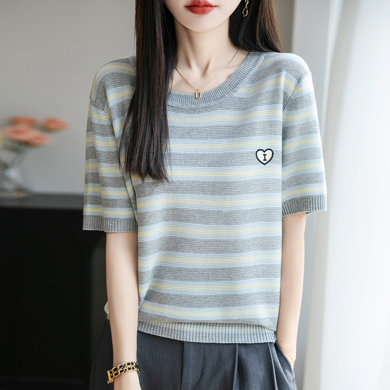 夏季新款彩色条纹爱心刺绣针织T恤衫女短袖圆领宽松显瘦薄款上衣