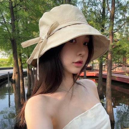 新款韩国东大门ins春夏遮阳速干蝴蝶结渔夫帽日韩温柔防晒盆帽女