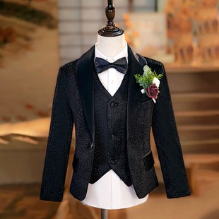 男童西装套装舞台晚会主持人儿童礼服走秀黑色亮片西服钢琴演出服