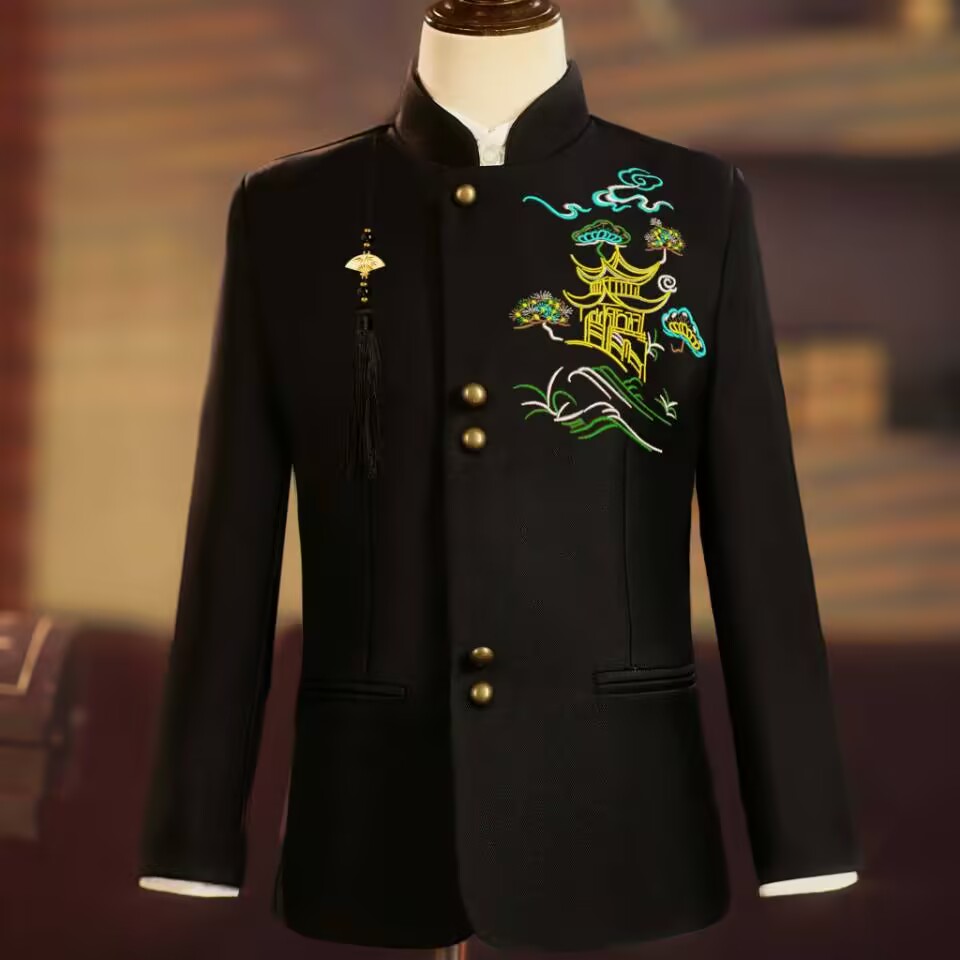 新中式国风立领西装男童黑色刺绣