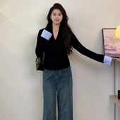 2024秋冬新款 女 套装 拼接扭结V领上衣长袖 t恤大衣风衣外套牛仔裤