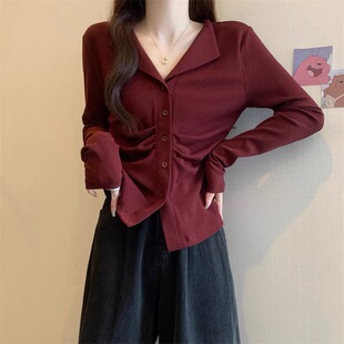 胖MM遮肉显瘦上衣 针织t恤女秋冬高级感正肩开衫 大码 休闲复古长袖