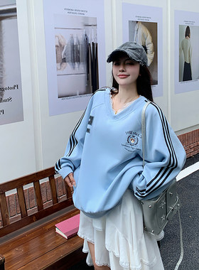 大码女V领加绒印花宽松气质卫衣