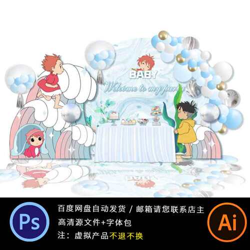 悬崖上的金鱼姬波妞俊介蓝色纹理宝宝生日宴主题AI设计PS素材KT板