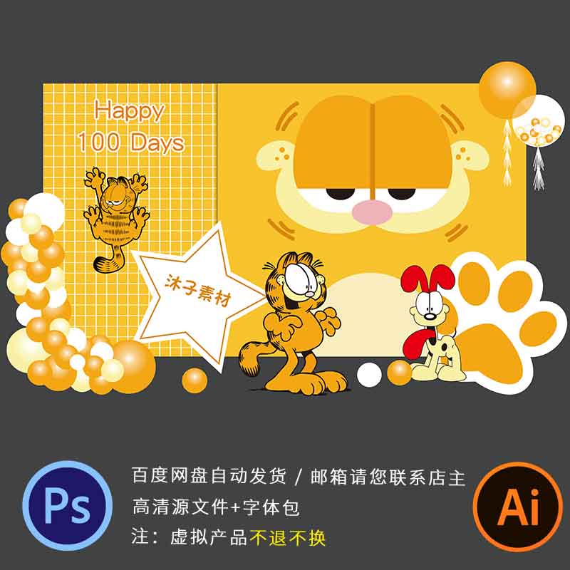 简约橙色加菲猫主题宝宝周岁派对百日宴背景设计AI格式KT板PS素材