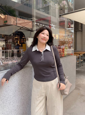 Q了个T适合胖mm的秋季大码女装坑条修身长袖t恤大方得体微胖穿搭