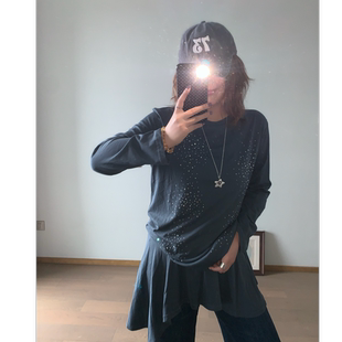 Q了个T 微胖mm 烫钻长袖T恤真两件背心裙