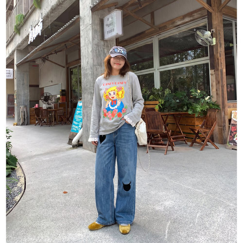 Q了个T大码女装微胖mm漫画女孩长袖+爱心阔腿牛仔裤