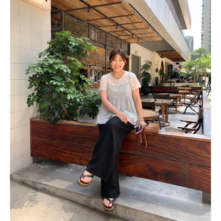 Q了个T微胖定制 现货！ 韩系甜美蕾丝女叠穿套头两件