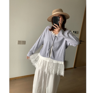 Q了个T微胖定制 春夏款蕾丝拼接假两件长袖甜美风显瘦T恤