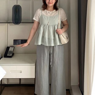 Q了个T大码女装微胖mm蕾丝吊带网纱打底绝美巨好看短袖显瘦两件套