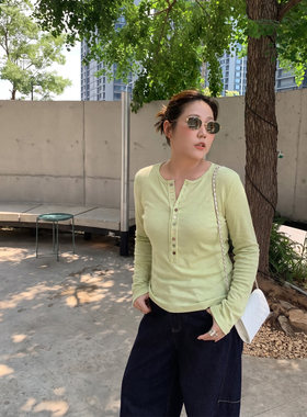 Q了个T早秋大码女装胖mm彩色扣子巨显瘦长袖t恤大方得体微胖穿搭