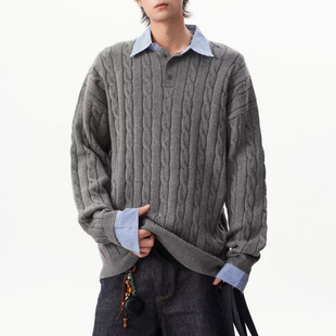 老钱风绞花假两件针织衫男秋季拼接条纹毛衣慵懒高级感polo领