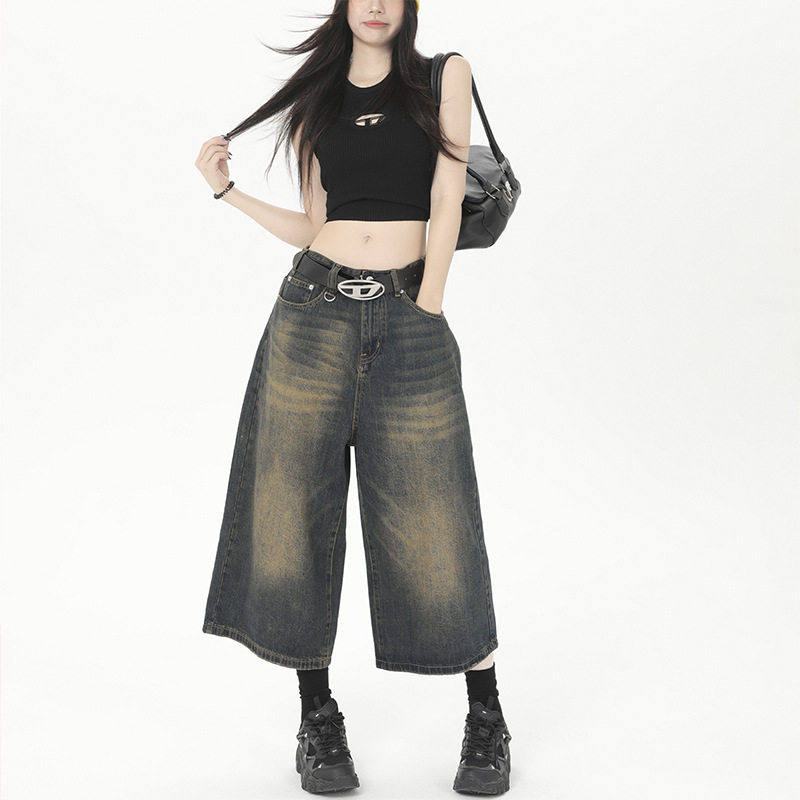 阔腿7分牛仔裤宽松廓形水洗复古做旧七分直筒美式牛仔短裤男女夏