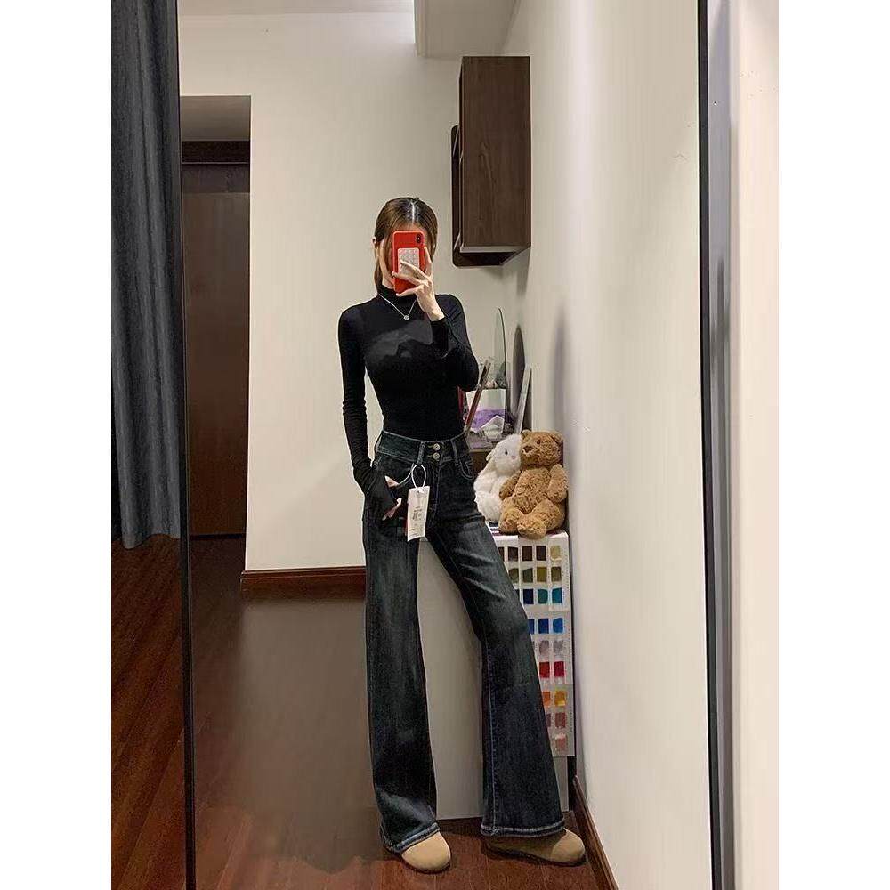 145小个子高腰显瘦蓝灰色微喇牛仔裤女双纽扣弹力拖地喇叭裤