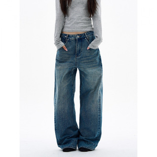 跨境美式复古高级感竹节纹牛仔裤男女潮牌痞帅宽松裤子情侣长裤