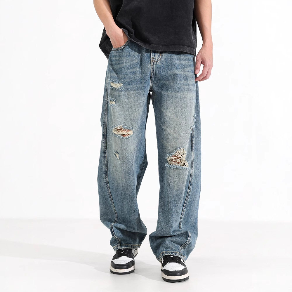 夏季新款美式复古vintage重磅水洗破洞牛仔裤男款宽松阔腿弯刀裤