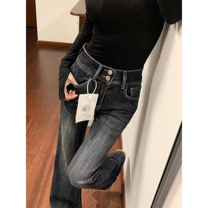 145小个子高腰显瘦蓝灰色微喇牛仔裤女新款双纽扣弹力拖地喇叭裤